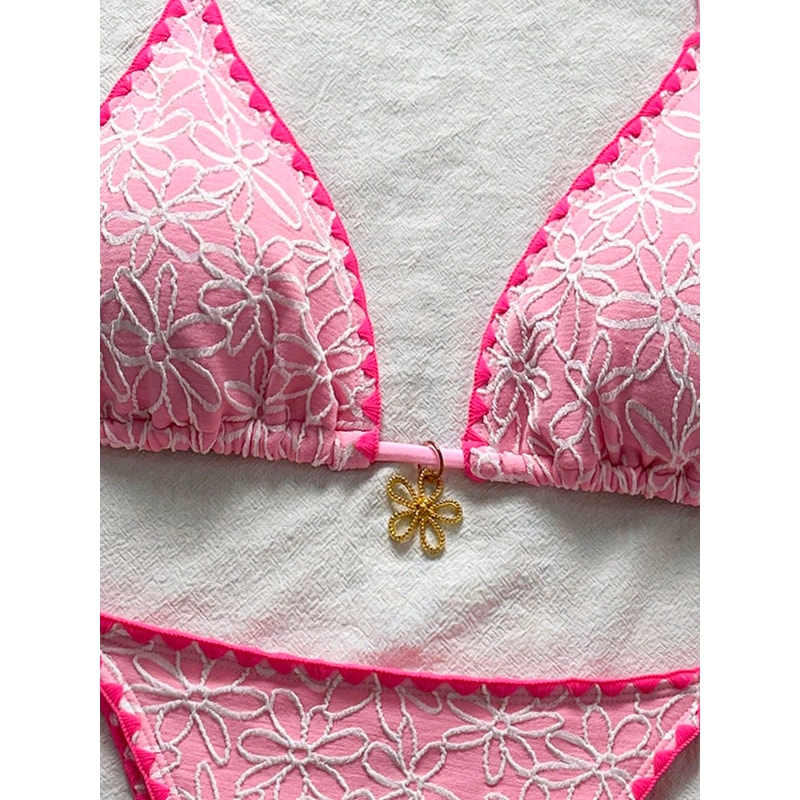 Floral Print Bikini Set, Trendy Textured Fabric, Halter Tie-Neck, Contrast-Trimmed Edges & Side-Tie Thong