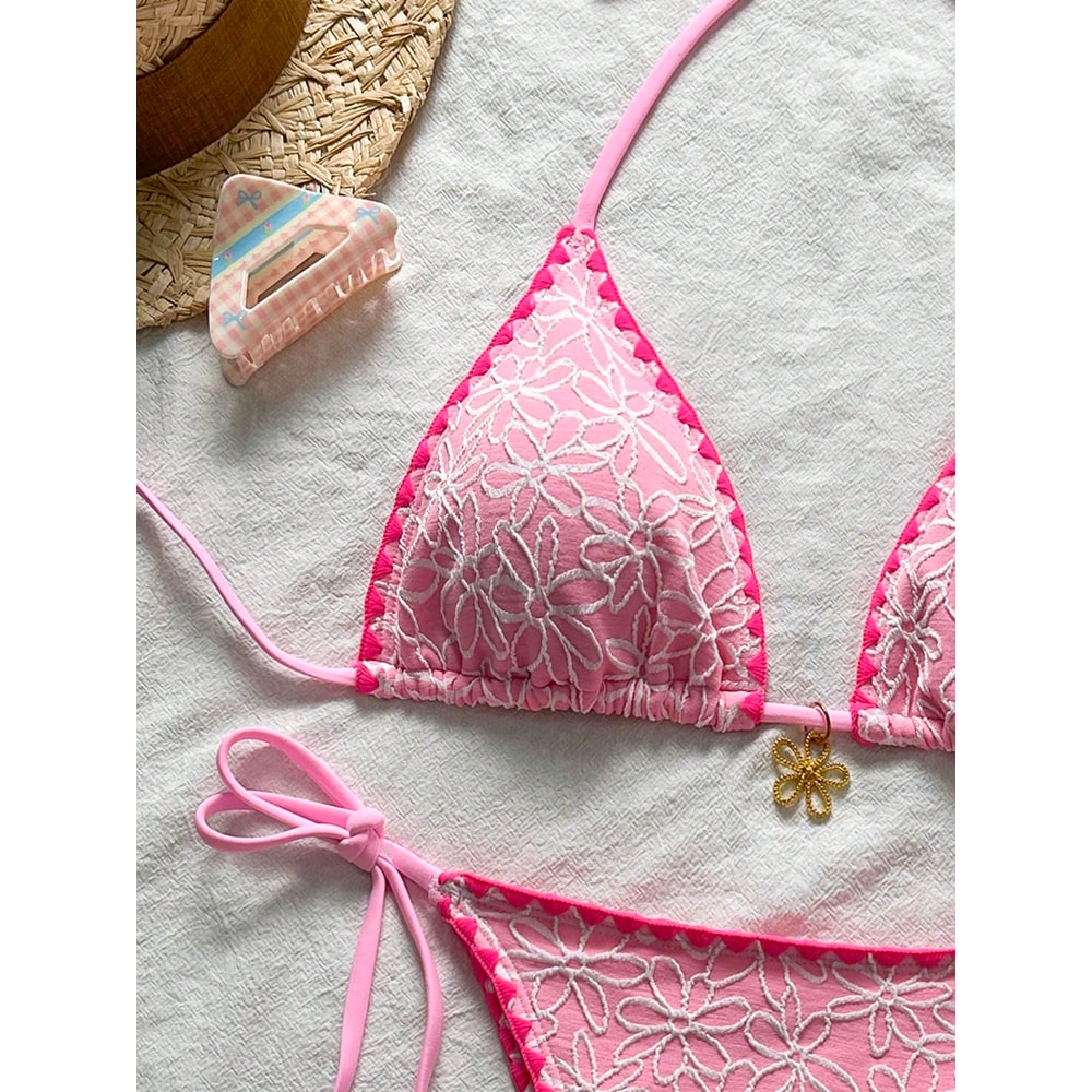 Floral Print Bikini Set, Trendy Textured Fabric, Halter Tie-Neck, Contrast-Trimmed Edges & Side-Tie Thong