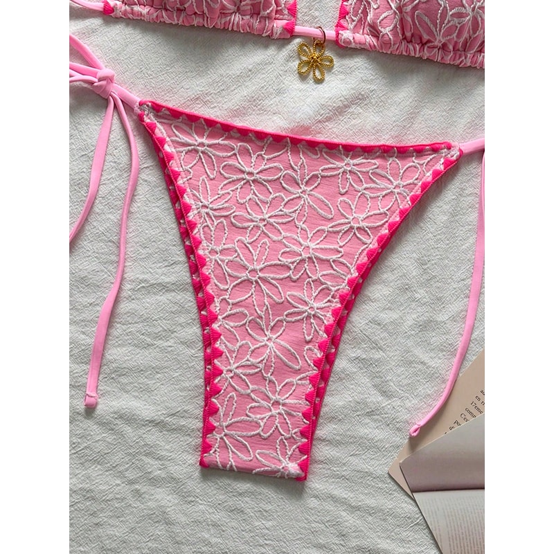 Floral Print Bikini Set, Trendy Textured Fabric, Halter Tie-Neck, Contrast-Trimmed Edges & Side-Tie Thong