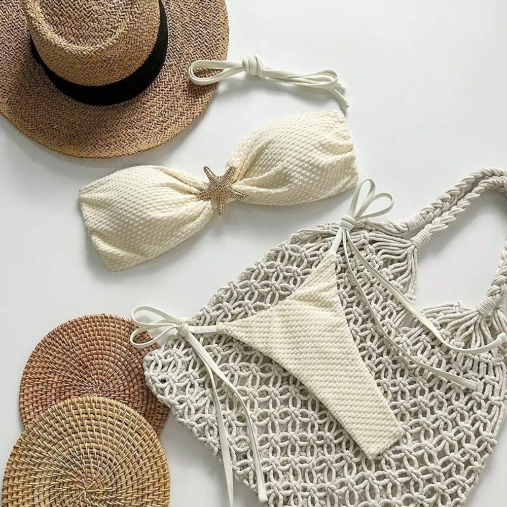 European and American Sexy Lace-Up Bikini, Solid Color Swimsuit, Women's Small Fresh Split Beach Style, Pure Desire Swim