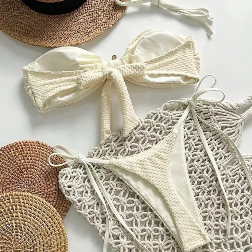 European and American Sexy Lace-Up Bikini, Solid Color Swimsuit, Women's Small Fresh Split Beach Style, Pure Desire Swim