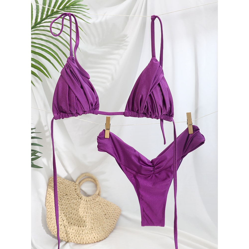 Sexy Folds Bikini Set Solid Micro Bikinis Women Swimsuit Female Triangle Swimwear Beach Wear Bathin 4