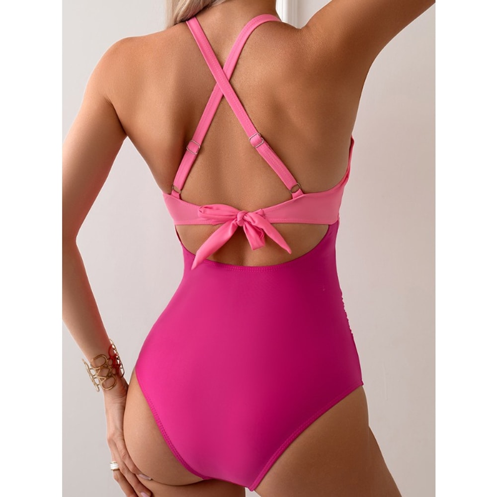 Fashion Cross Back Swimsuit Women Sexy Solid Jumpsuit Bikini Set Waist Hollowed Out Women Swimsuit 2