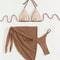Sexy Brown Bikini Set, Women Halter Push Up Bra, Skirt Swimsuit, 3 Piece Summer Bathing Suit, Cover Up Thong Swimwear