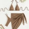Sexy Brown Bikini Set, Women Halter Push Up Bra, Skirt Swimsuit, 3 Piece Summer Bathing Suit, Cover Up Thong Swimwear