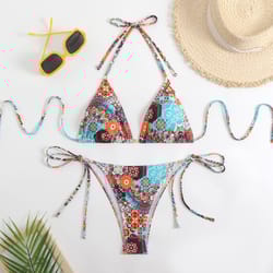 women sexy bikini set lace up, circyy floral printed swimsuit two-piece swimwear backless