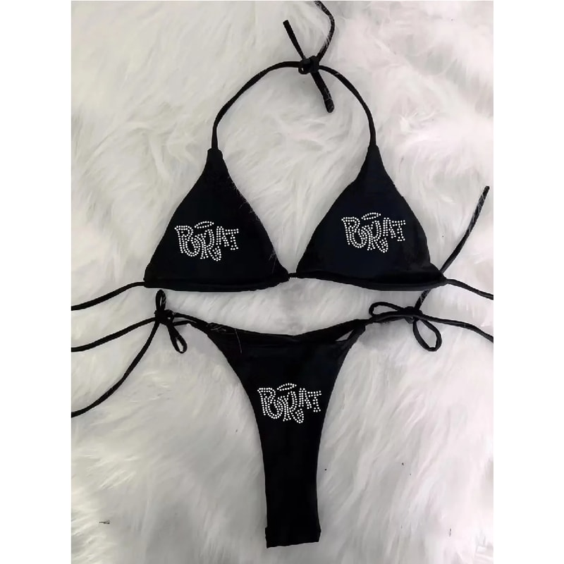 Grunge Swimsuit Bikini, Woman Punk Beach Swimwear, Gothic BRAT Rhinestone Printing, Lace Up Bathing Suits