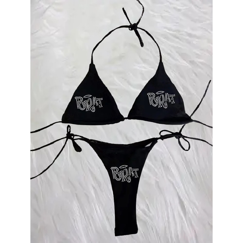 Grunge Swimsuit Bikini, Woman Punk Beach Swimwear, Gothic BRAT Rhinestone Printing, Lace Up Bathing Suits