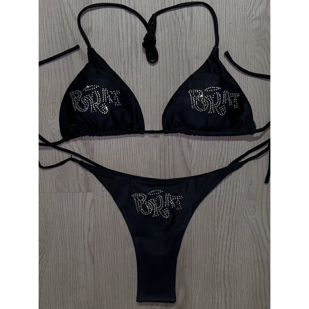 Grunge Swimsuit Bikini, Woman Punk Beach Swimwear, Gothic BRAT Rhinestone Printing, Lace Up Bathing Suits