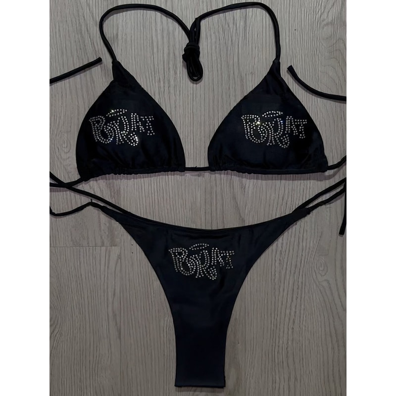 Grunge Swimsuit Bikini, Woman Punk Beach Swimwear, Gothic BRAT Rhinestone Printing, Lace Up Bathing Suits