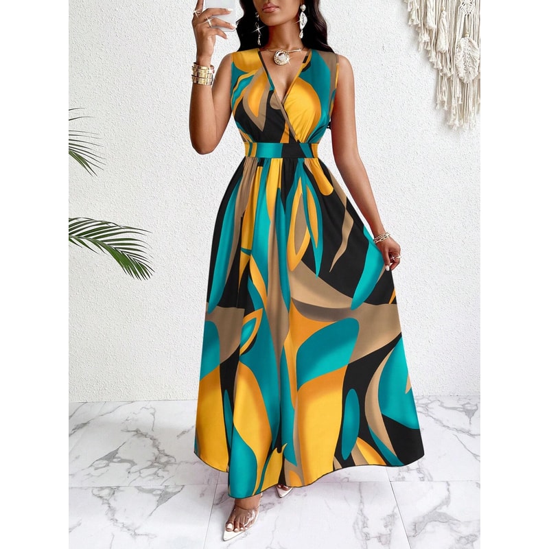 Women Tropical Print Cable Knit Fit and Flare Dress, V-Neck Waist Section, Maxi Dress for All Occasions