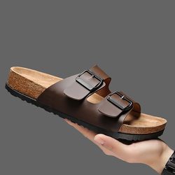retro leather cork herringbone slippers for men non-slip casual beach sandals for summer