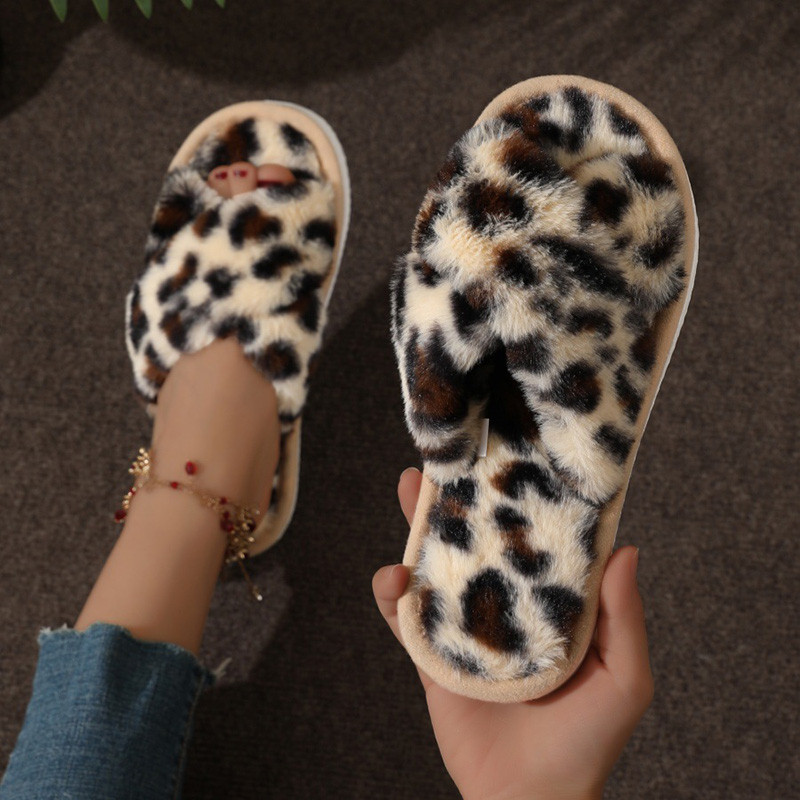 Womens Cross Strap Fur Slippers Indoor Light Warm Plush Home Slippers with Faux Fur Flat Heel