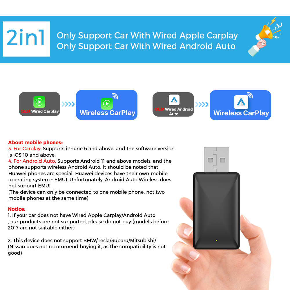 PLAYAIBOX 2 In 1 Wireless CarPlay Android Auto Adapter For IPhoneAndroid In Benz Audi Kia Jeep Mo