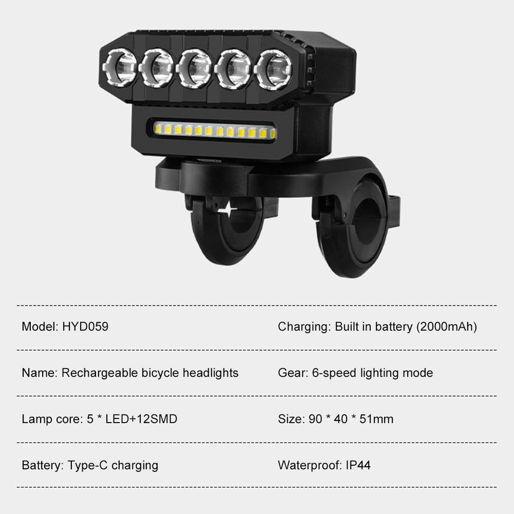 LED Bike Front Light 8 LED Bicycle Headlight USB Charging 6 Lighting Modes Driving Fog Lamp 7