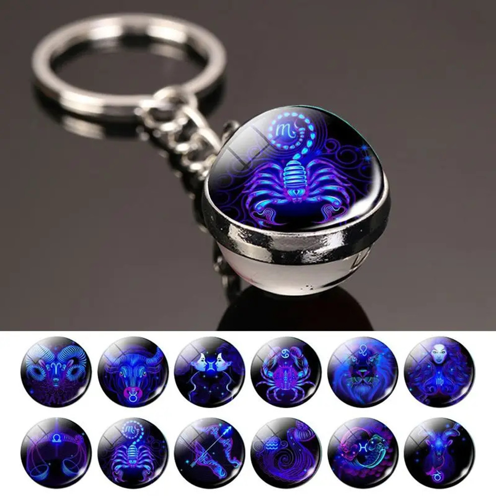 Luminous Keychain – Glow in the Dark Glass Ball Keychain Zodiac Pendant Gift for Men & Women