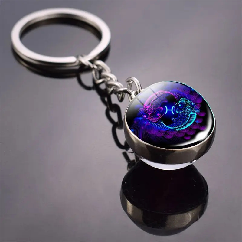 Luminous Keychain – Glow in the Dark Glass Ball Keychain Zodiac Pendant Gift for Men & Women