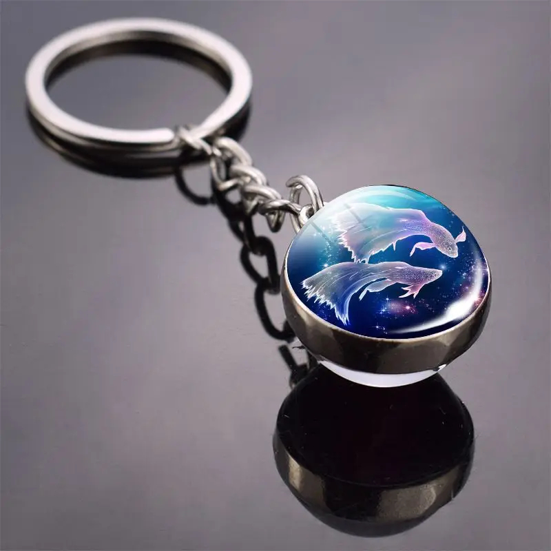 Luminous Keychain – Glow in the Dark Glass Ball Keychain Zodiac Pendant Gift for Men & Women