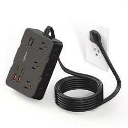 surge protector power strip with 6 widely spaced outlets & 4 usb ports thin flat plug extension cord for home, office