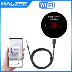 smart wifi thermometer, tuya-compatible with external probe, usb charging, app notifications, and alexa/google assistant