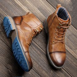 size 7–13 retro men's leather motorcycle boots 2023 fashion combat boots with lace-up & zipper