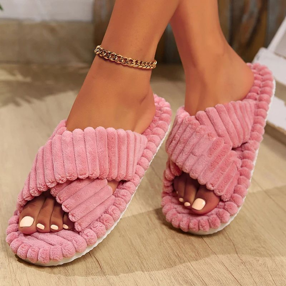 Fashion Corduroy Cross Band Home Slippers For Women  Autumn Winter Warm Plush Indoor Slides With So 0