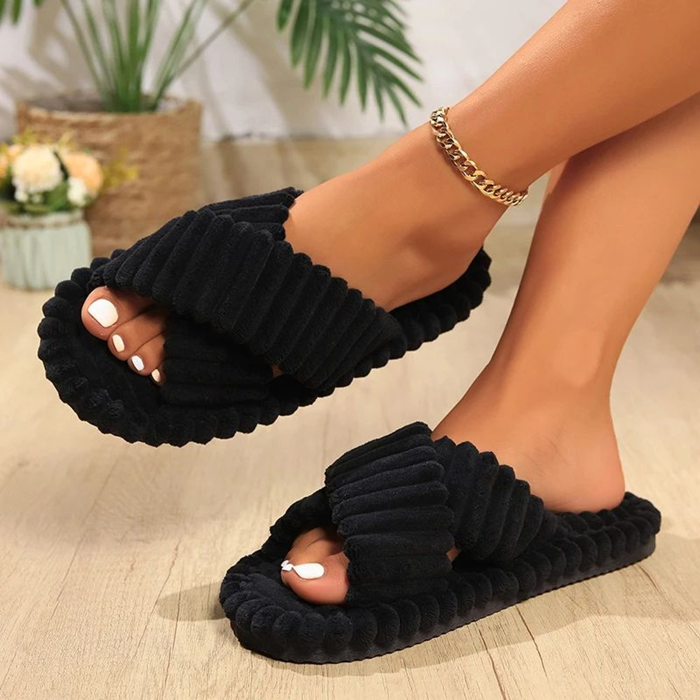 Fashion Corduroy Cross Band Home Slippers For Women  Autumn Winter Warm Plush Indoor Slides With So 1