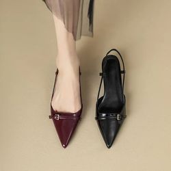women french style wine red patent leather pointed mid-heel sandals, retro backless skinny heel