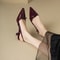 Women French Style Wine Red Patent Leather Pointed MidHeel Sandals Retro Backless Skinny Heel 2