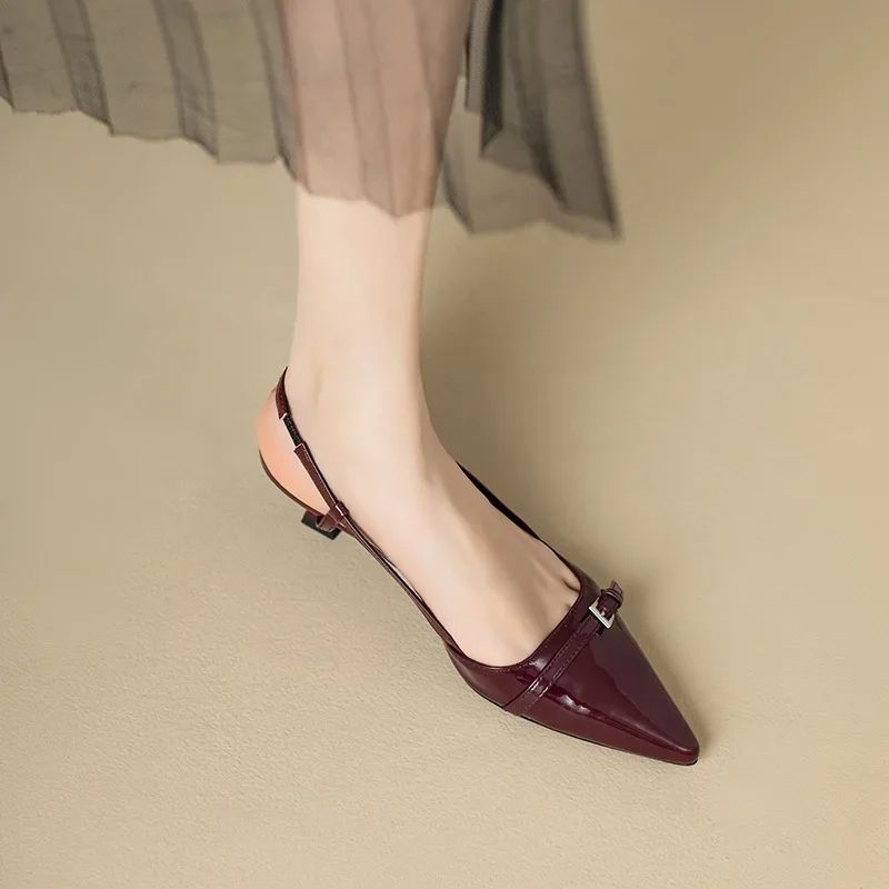 Women French Style Wine Red Patent Leather Pointed MidHeel Sandals Retro Backless Skinny Heel 5