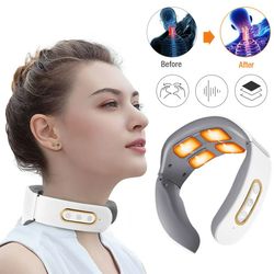electric neck & shoulder massager 4-head kneading with tens, magnetic pulse heating for cervical pain relief relaxation