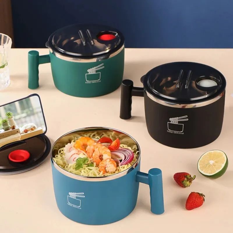 Stainless Steel Bowl With Lid For Instant Noodles Sealed And Portable Drain Bowl For Kitchen Utensi 0