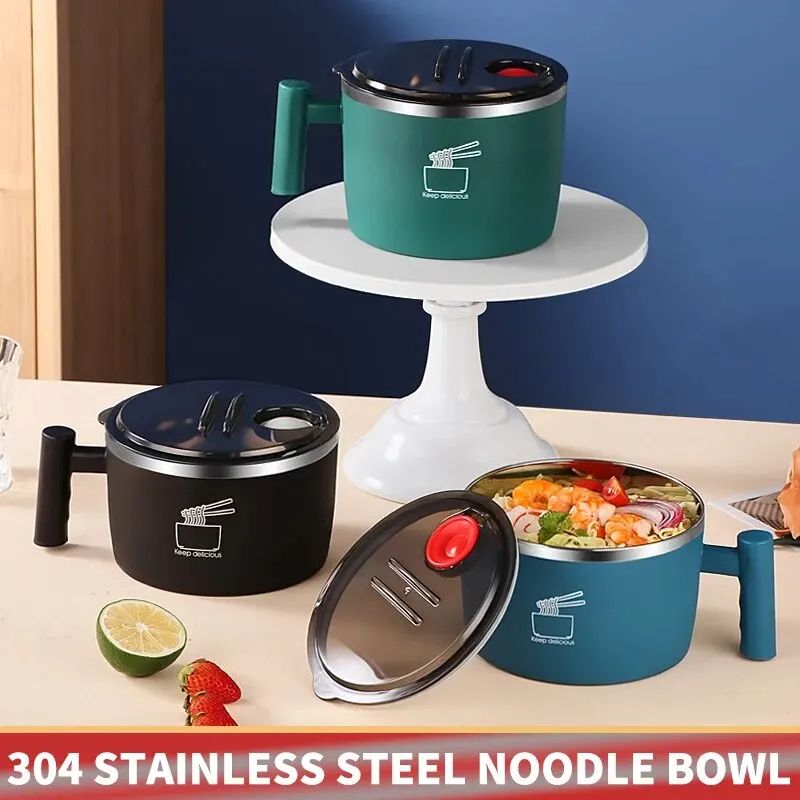 Stainless Steel Bowl With Lid For Instant Noodles Sealed And Portable Drain Bowl For Kitchen Utensi 1