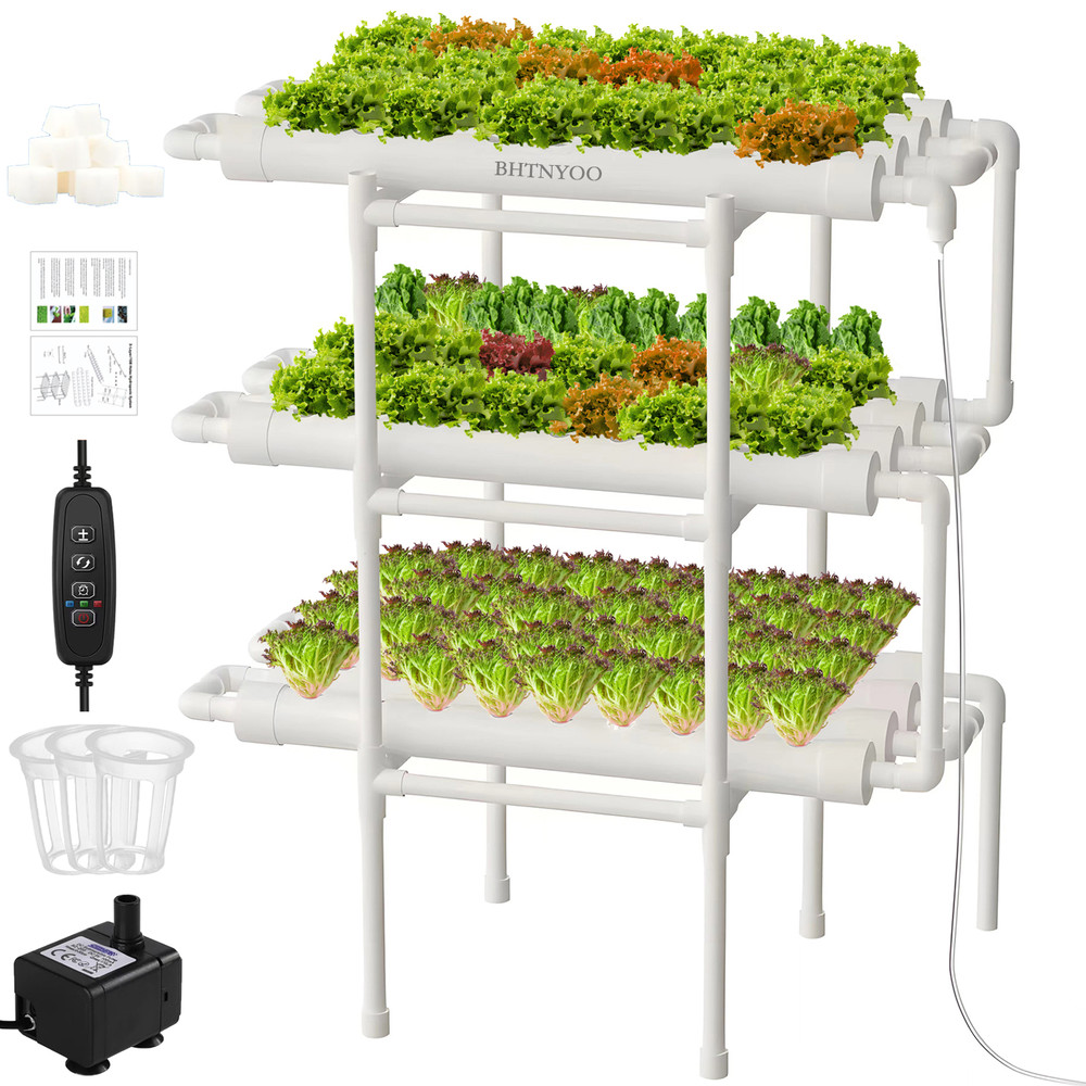 Hydroponics Growing System Kit, 3-Layer PVC-Pipe Cultivation for Vegetables & Herbs with 108 Sites