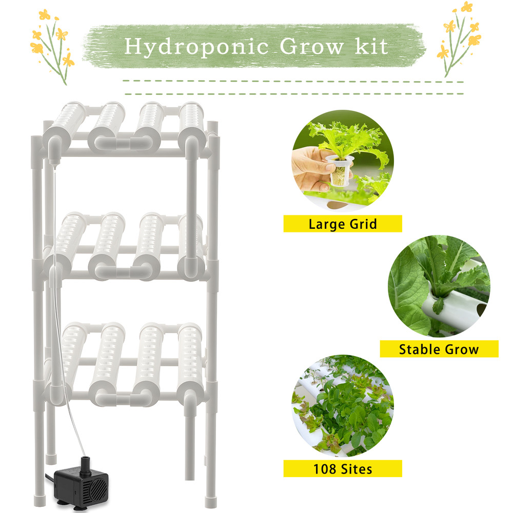 Hydroponics Growing System Kit, 3-Layer PVC-Pipe Cultivation for Vegetables & Herbs with 108 Sites