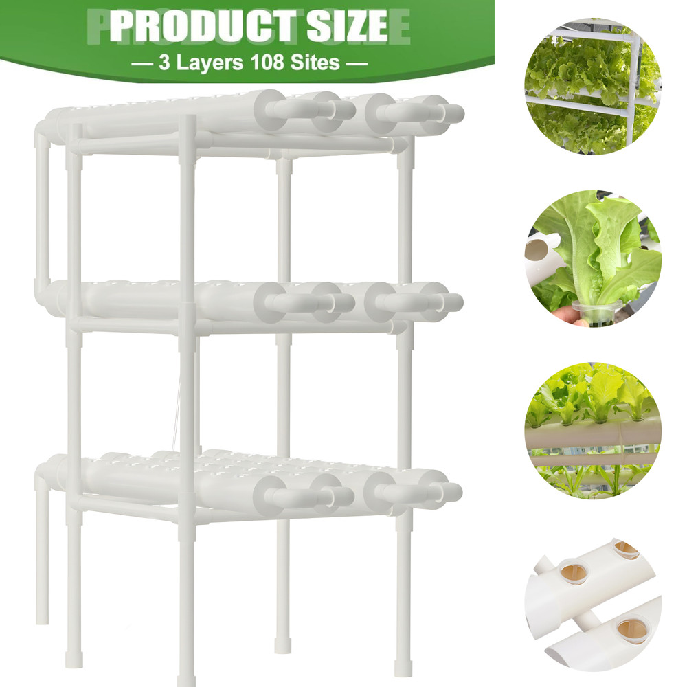 Hydroponics Growing System Kit, 3-Layer PVC-Pipe Cultivation for Vegetables & Herbs with 108 Sites