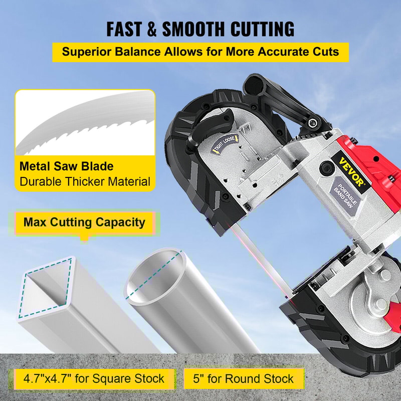 10Amp Portable Cordless Bandsaw with Variable Speed & Deep Cut Capacity for Metal, Wood, Pipes, Rebar