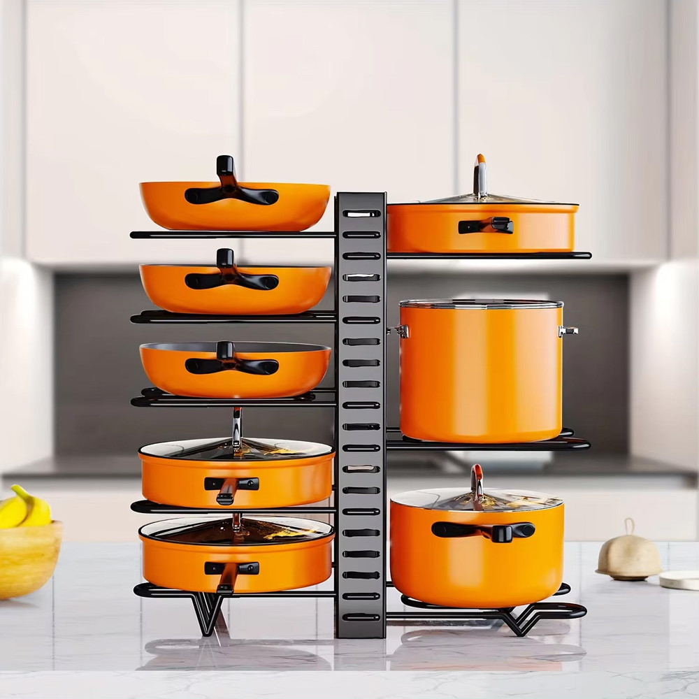 Space-saving Cabinet Holder for Pots, Pans and Lids, 8-Tier Duty Pot Rack Organizer Durable Metal for Customizable Cook