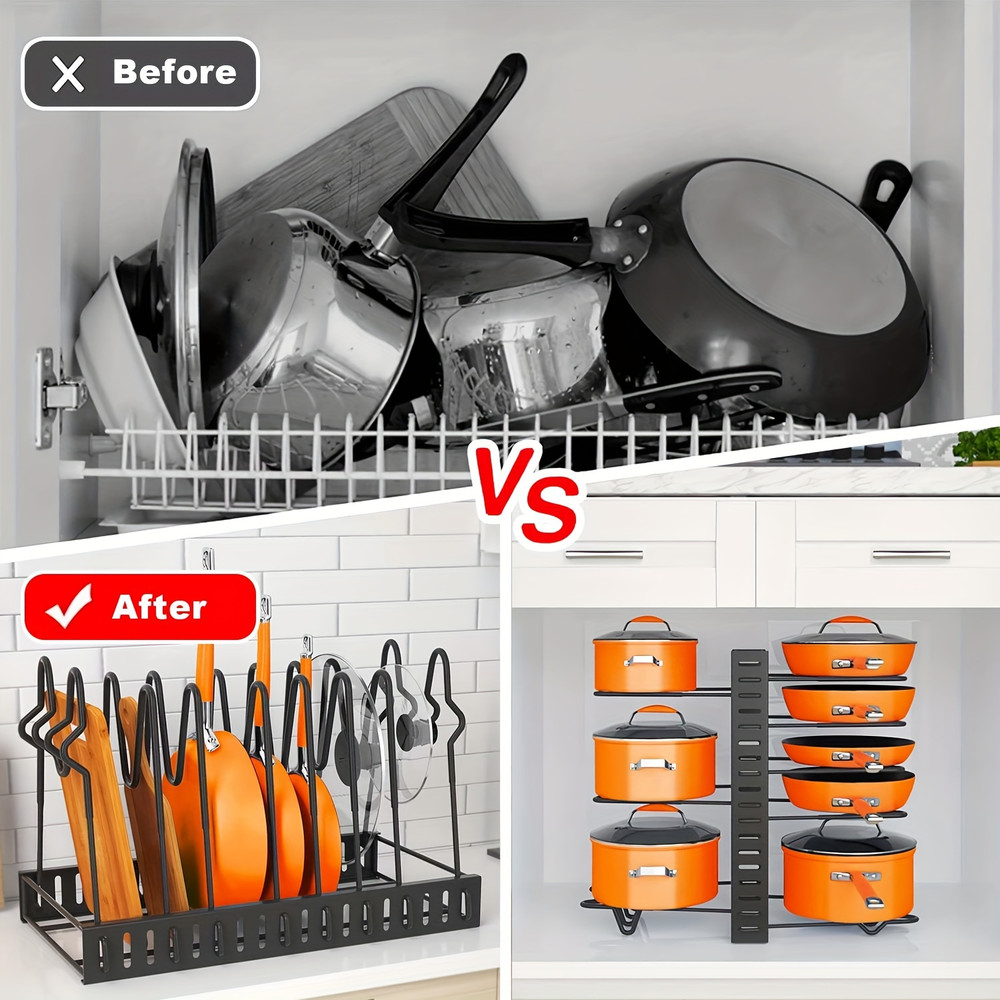 Space-saving Cabinet Holder for Pots, Pans and Lids, 8-Tier Duty Pot Rack Organizer Durable Metal for Customizable Cook