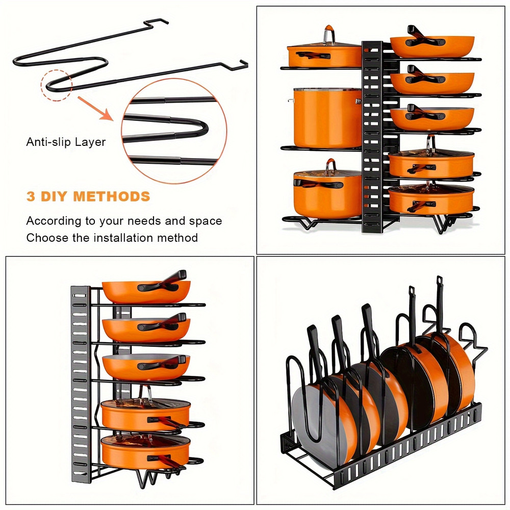 Space-saving Cabinet Holder for Pots, Pans and Lids, 8-Tier Duty Pot Rack Organizer Durable Metal for Customizable Cook