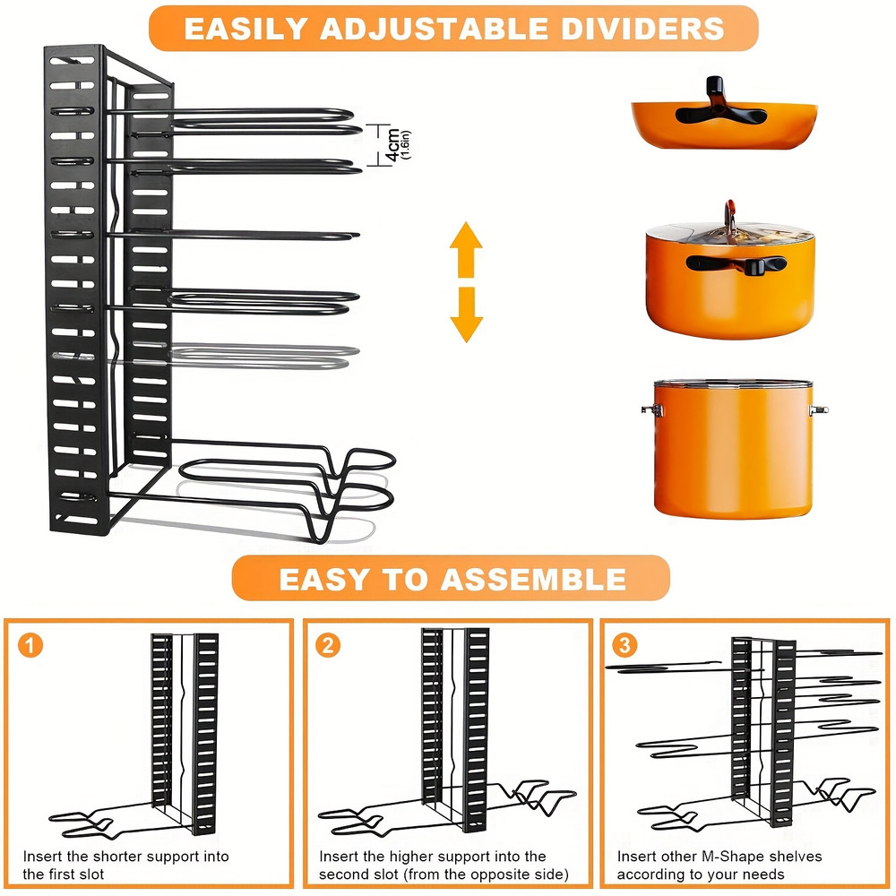 Space-saving Cabinet Holder for Pots, Pans and Lids, 8-Tier Duty Pot Rack Organizer Durable Metal for Customizable Cook