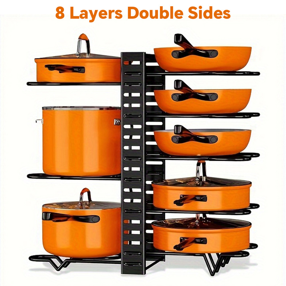 Space-saving Cabinet Holder for Pots, Pans and Lids, 8-Tier Duty Pot Rack Organizer Durable Metal for Customizable Cook