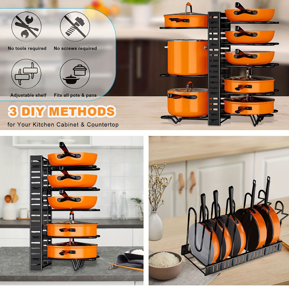Space-saving Cabinet Holder for Pots, Pans and Lids, 8-Tier Duty Pot Rack Organizer Durable Metal for Customizable Cook