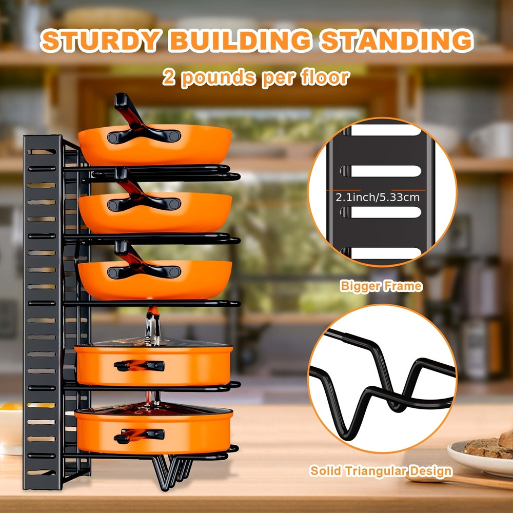 Space-saving Cabinet Holder for Pots, Pans and Lids, 8-Tier Duty Pot Rack Organizer Durable Metal for Customizable Cook