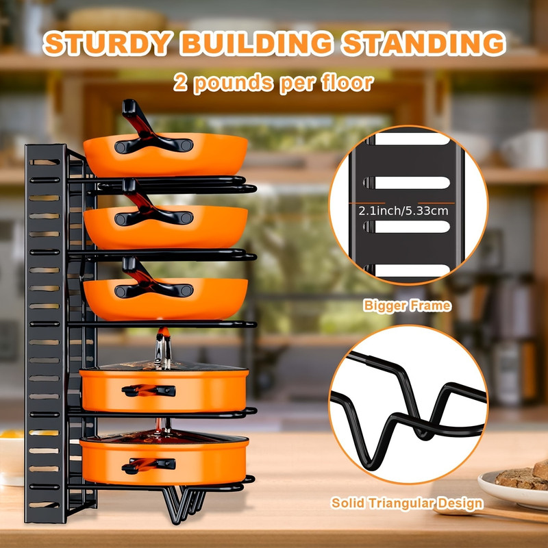 Space-saving Cabinet Holder for Pots, Pans and Lids, 8-Tier Duty Pot Rack Organizer Durable Metal for Customizable Cook