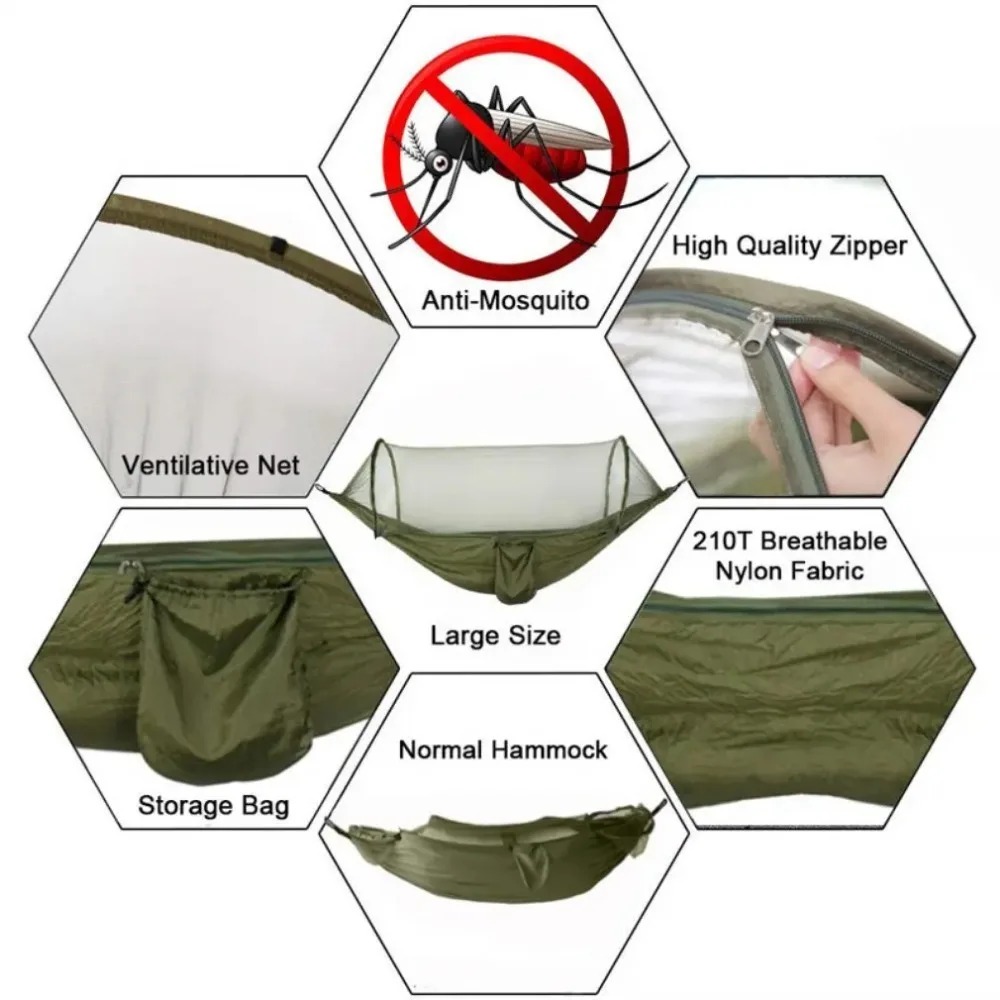 Outdoor Camping Hammock With Mosquito Net, Lightweight Hanging Hammocks in High-Strength Parachute Fabric for Adventures