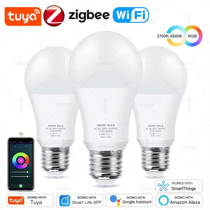 Smart Tuya Zigbee LED Light Bulb, WiFi RGB Cool Warm White Smart Bulb Works with Alexa & Google Home for Room Decor
