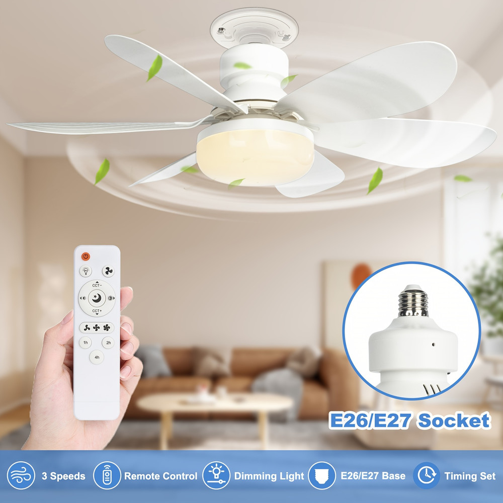 Socket Ceiling Fan Light with Remote, LED Fan Bulb Screw Fixture for Bathroom, Bedroom, Kitchen, Indoor Lighting