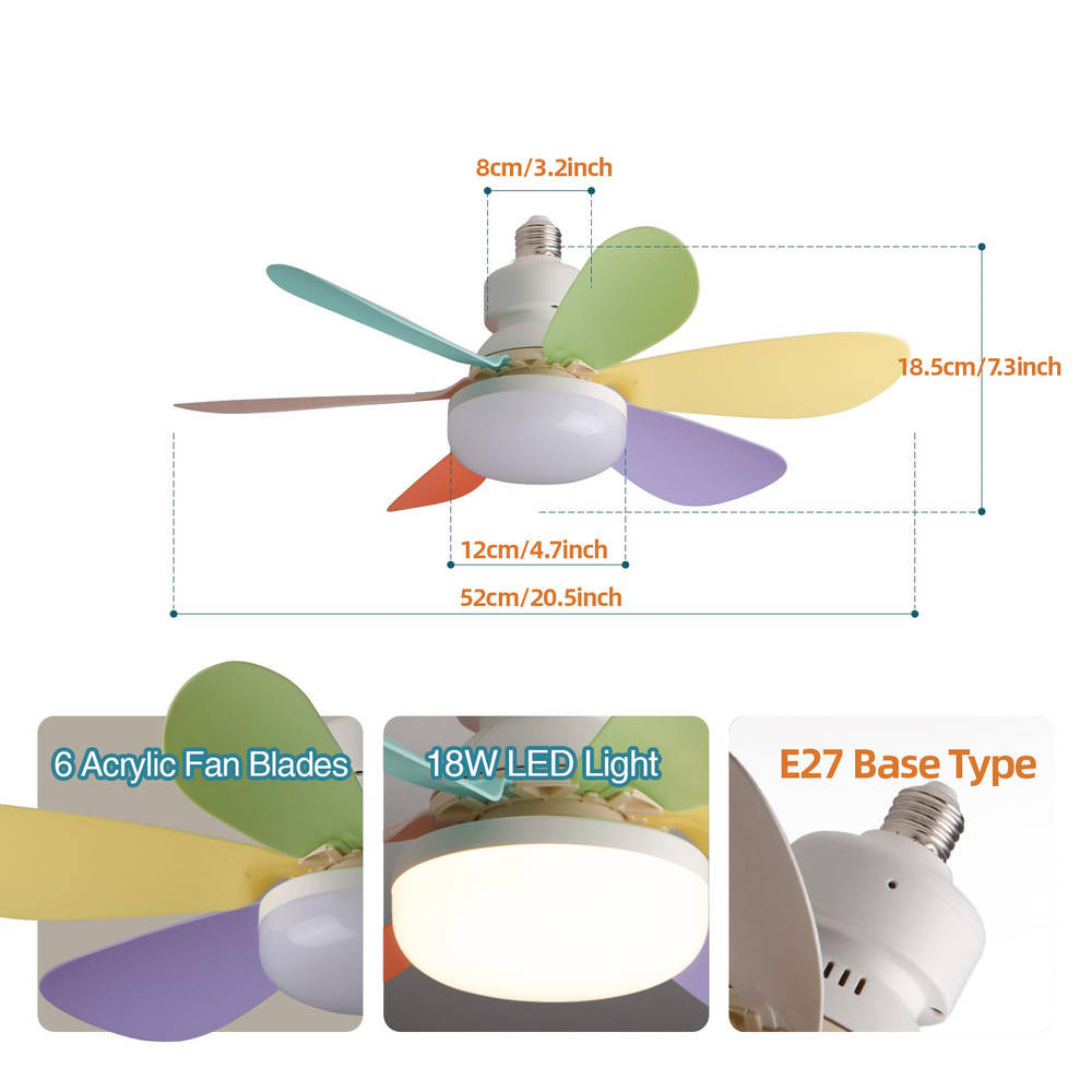 Socket Ceiling Fan Light with Remote, LED Fan Bulb Screw Fixture for Bathroom, Bedroom, Kitchen, Indoor Lighting