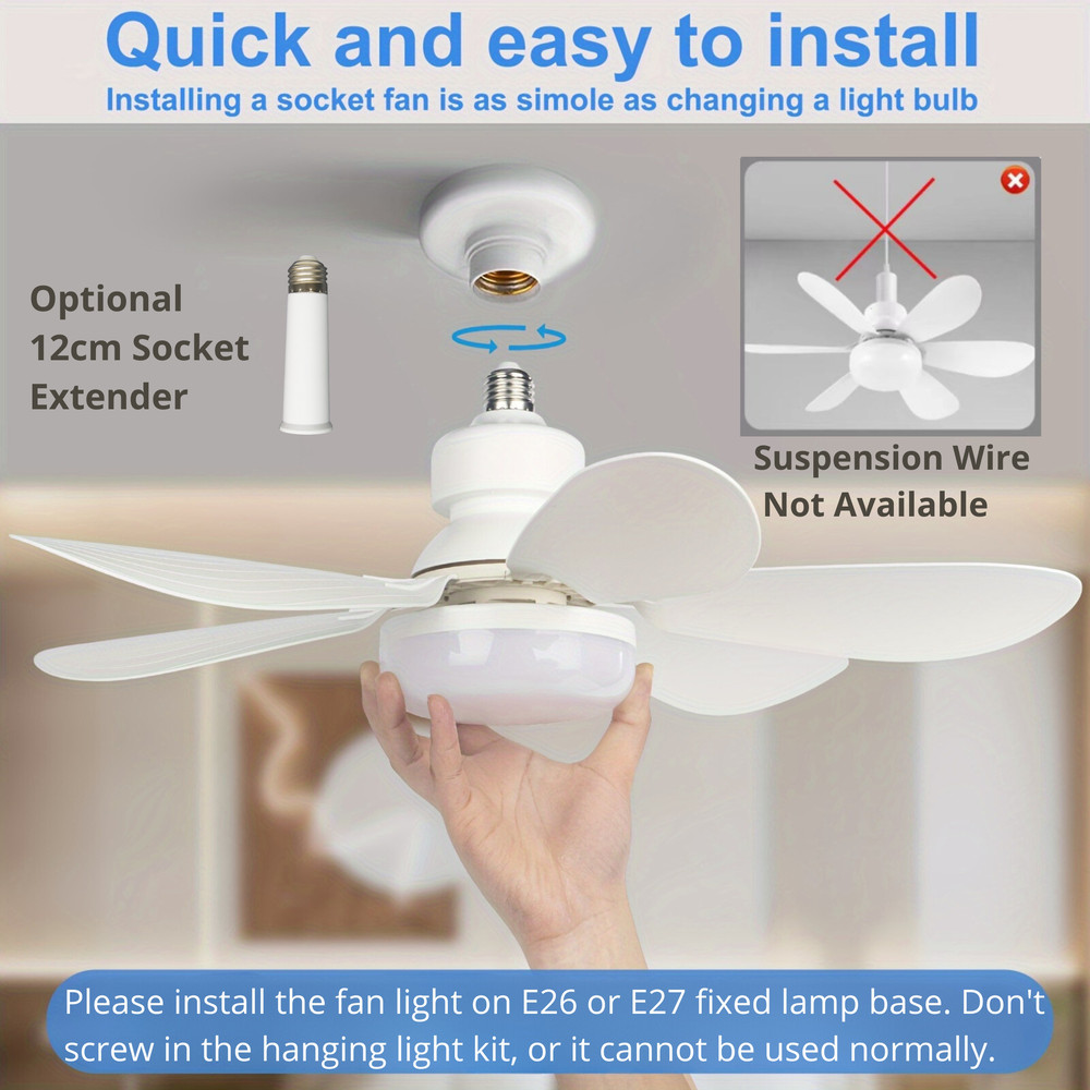 Socket Ceiling Fan Light with Remote, LED Fan Bulb Screw Fixture for Bathroom, Bedroom, Kitchen, Indoor Lighting